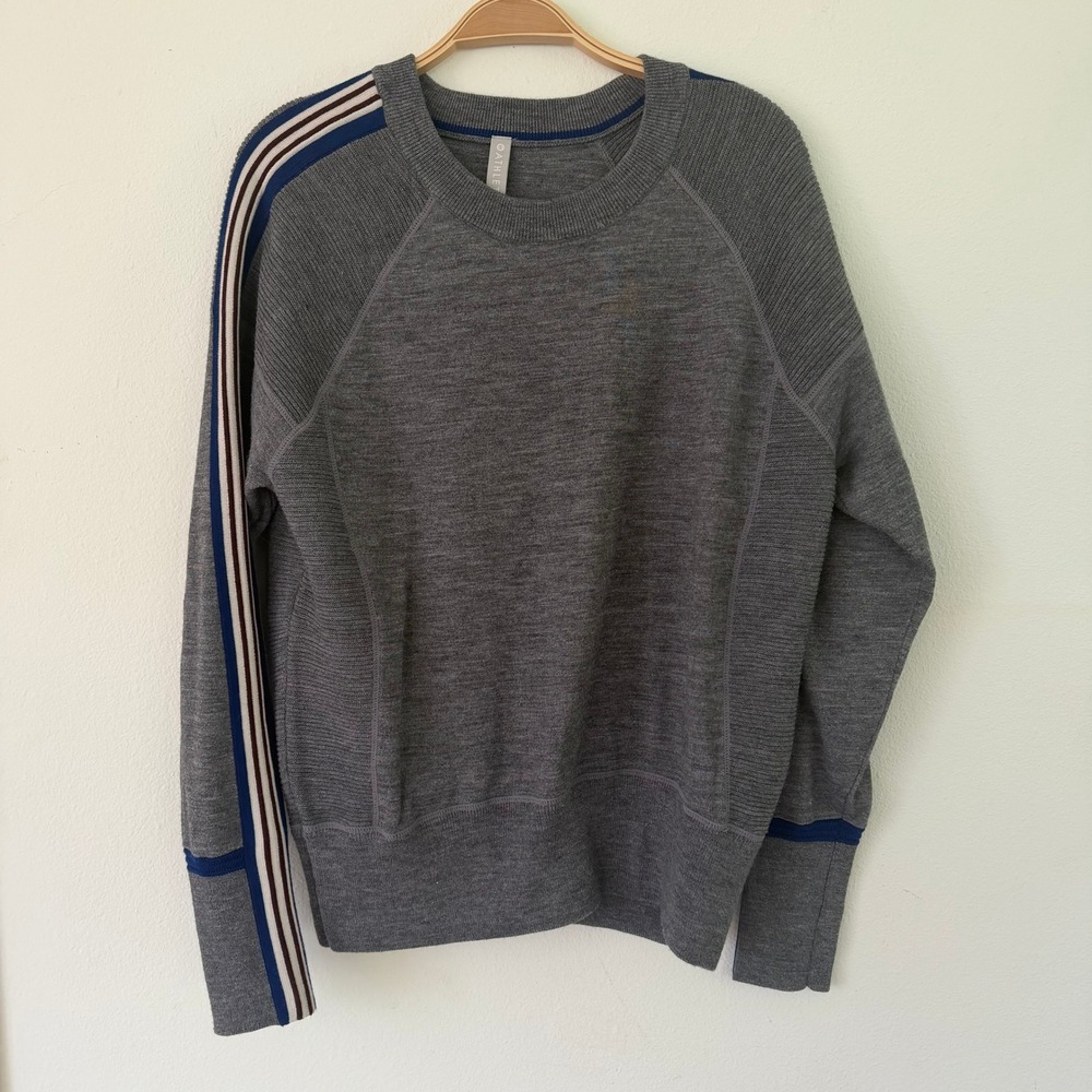Athleta Gray Merino Wool Blend Striped Sleeve Thumbhole Sweater Medium